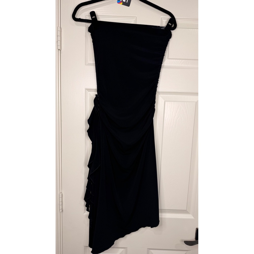 #125 XOXO Strapless Y2K Dress Sz. Medium Black Ruched Asymmetrical Ruffle - Picture 8 of 9
